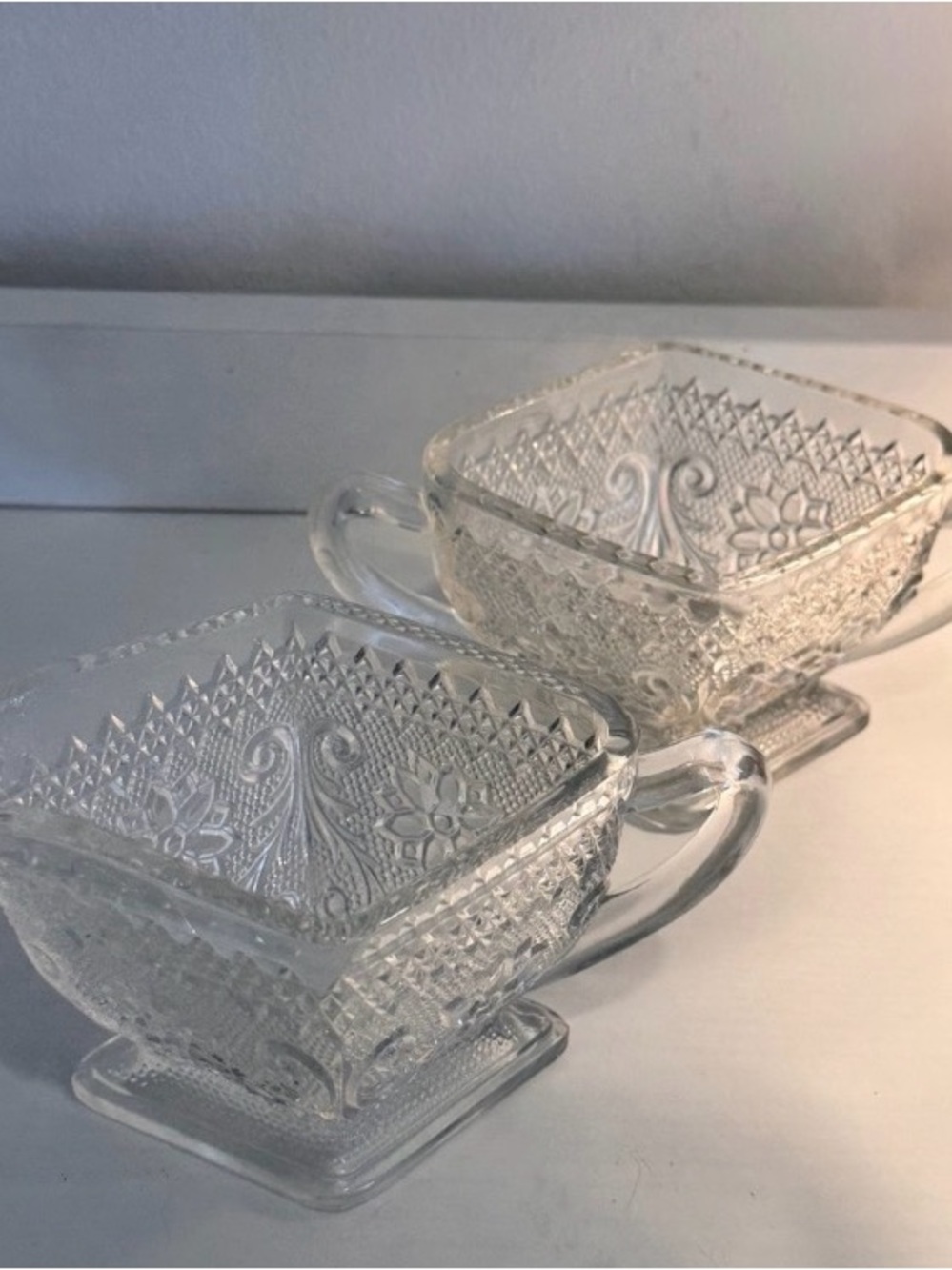 Clear Pressed Glass Creamer Set with Ornate Pattern - 2-Piece